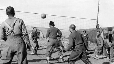 Soldiers of the Brigade of Gurkas playing volleyball