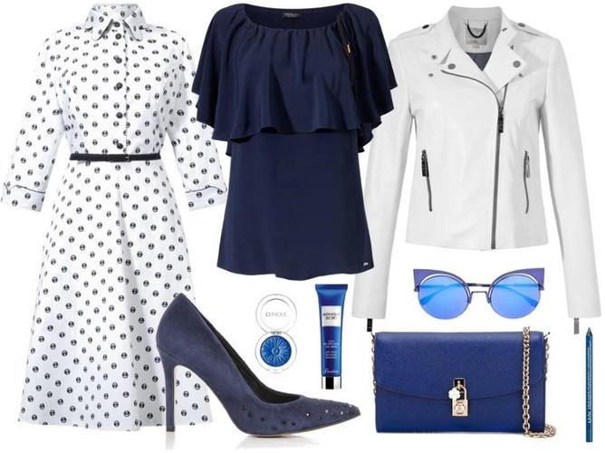 STYLIZACJE marynarskie na lato 2017: Szpilki - Gianmarko/gianmarko.com.pl, kurtka – Boca/boca.pl, bluzka – Cristina Effe/cristinaeffe.pl, sukienka – Maxim/maximfashion.pl, dodatki - TKMAXX