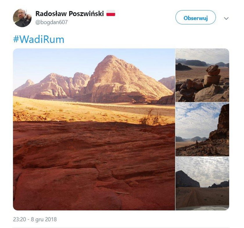 Radosław Poszwiński z TVP Info miał zdemolować park narodowy Wadi Rum