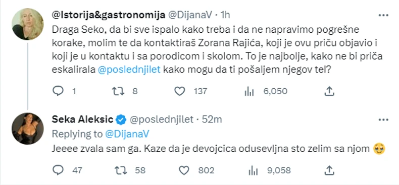 Seka Aleksić stupila u kontakt sa devojčicom