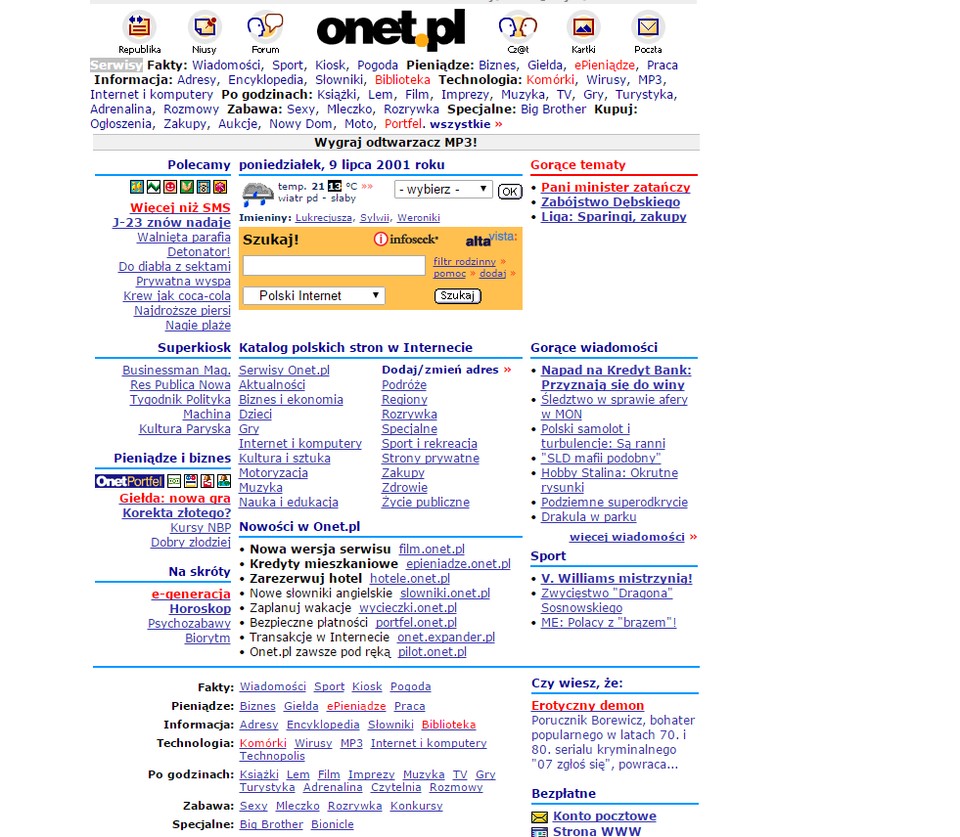 Strona główna Onetu w 2001 roku