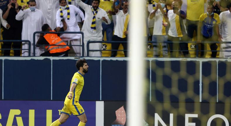 Double up: Al Nassr's Jaloliddin Masharipov celebrates one of his goals Creator: Fayez Nureldine