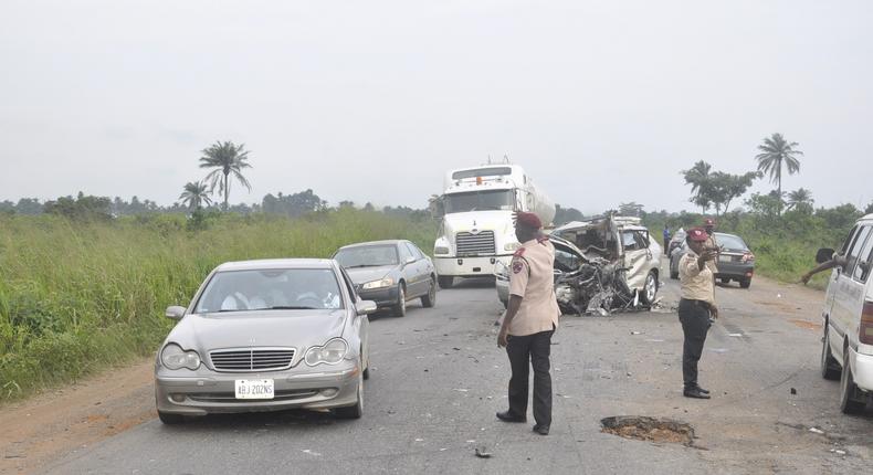 FRSC officials controlling traffic at an accident scene. [dailypost]