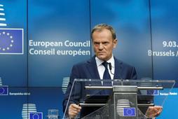 European Council President Donald Tusk takes part in a news conference after being reappointed chairman of the European Council during a EU summit in Brussels