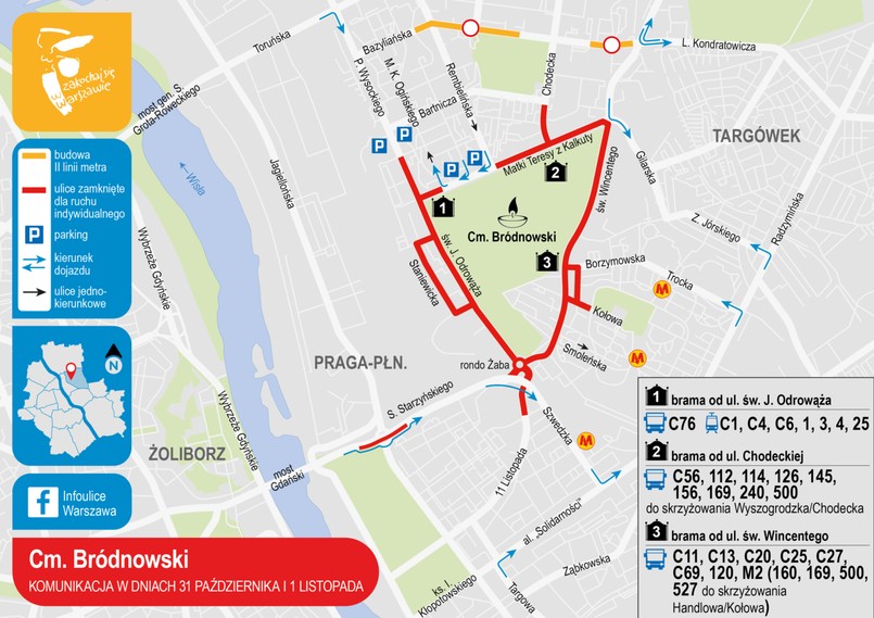 Cmentarz Bródnowski – organizacja ruchu 31 października i 1 listopada: