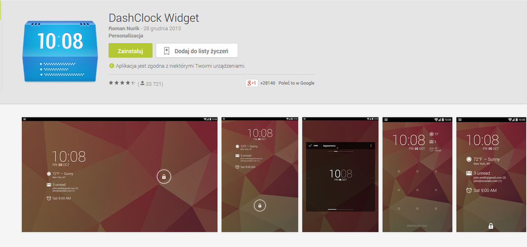 <b>DashClock</b>
<br><br>
Najnowsza wersja systemu Android umożliwia przypinanie widgetów do ekranu blokowania, a DashClock w pełni tę możliwość wykorzystuje. Zdecydowanie jedna z najprostszych i najlepszych aplikacji do personalizacji naszego urządzenia.