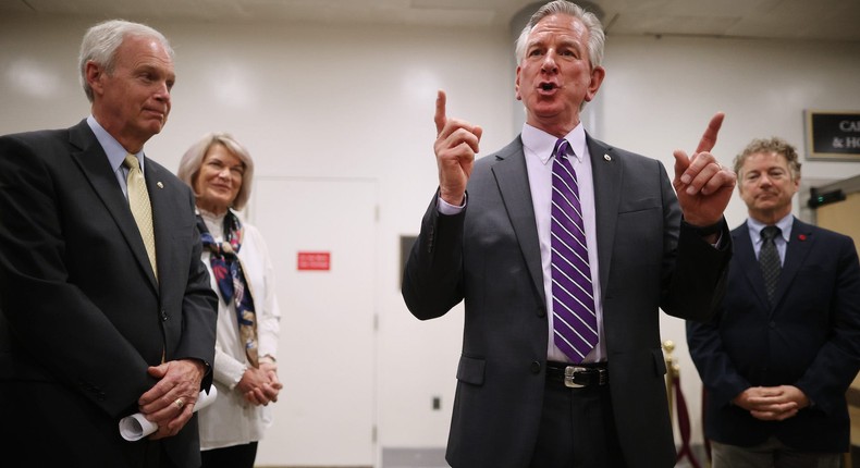 Republican Sens. Ron Johnson, Cynthia Lummis, Tommy Tuberville and Rand Paul at the Capitol on May 28, 2021.