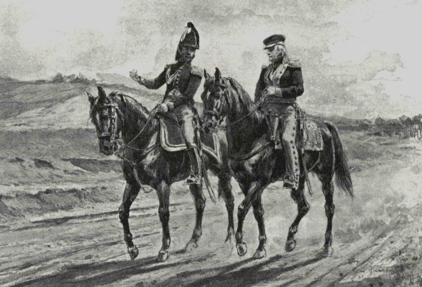 Generał Jan Henryk Dąbrowski (po prawej) w towarzystwie adiutanta w czasie kampanii 1813 r. w Niemczech, ilustracja Bronisława Gembarzewskiego.