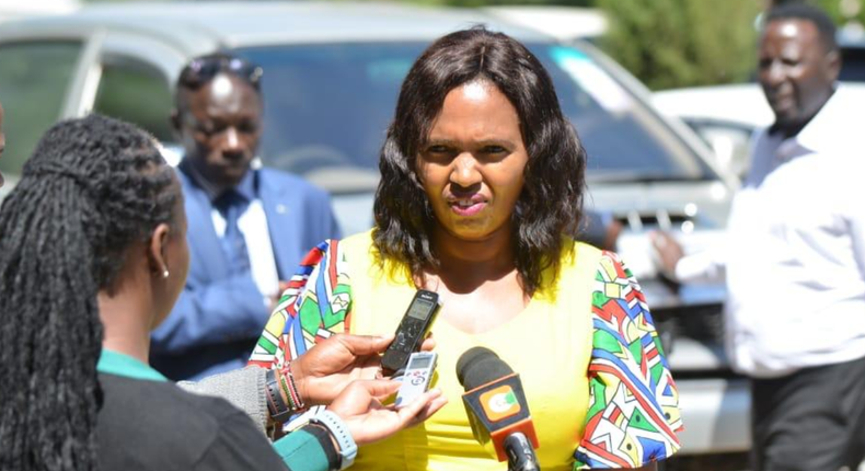 Tabitha Karanja Keroche speaking to reporters during the unveiling of Susan Kihika's 2022 gubernatorial running mate on May 16, 2022