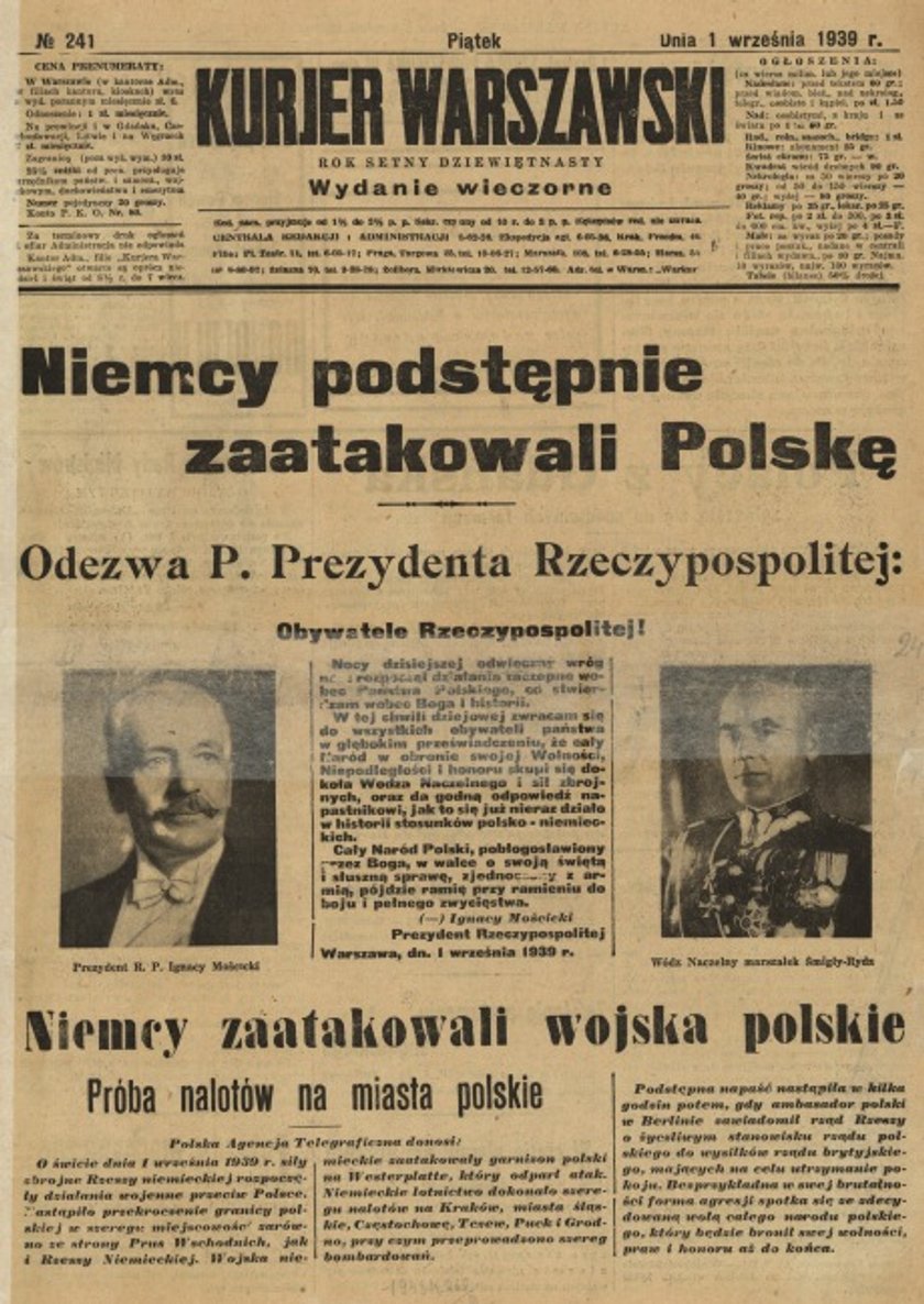 Nagłówki gazet z 1 września 1939 roku.