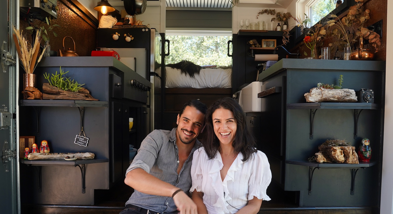 Bela and Spencer Fishbeyn live in a 300-square foot tiny house in California's Santa Cruz Mountains.