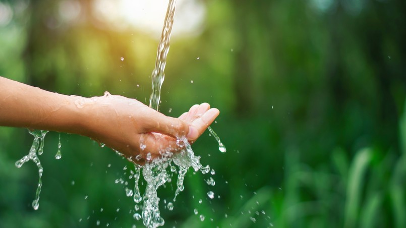 Quiz przyroda Water,Pouring,Flow,On,Woman,Hand,On,Nature,Background