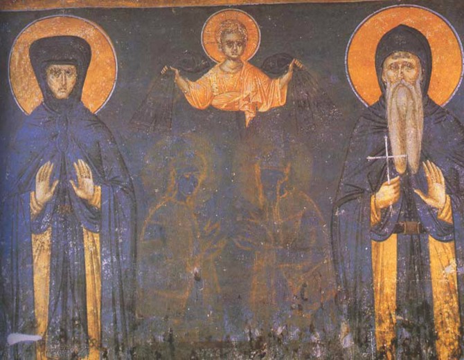 Kraljica Jelena sa sinom, kraljem Milutinom, freska iz Manastira Gračanica, 1324. godina