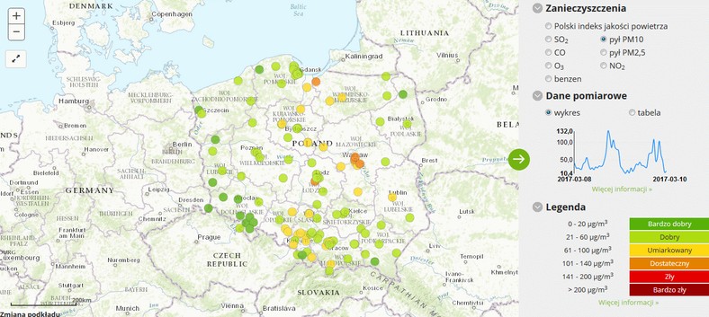 Stężenie pyłu PM10 - 2017-03-10 od godziny 6:00 do 7:00 