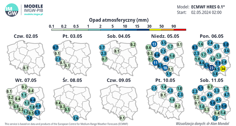 Prognoza opadów deszczu w Polsce w kolejnych dniach