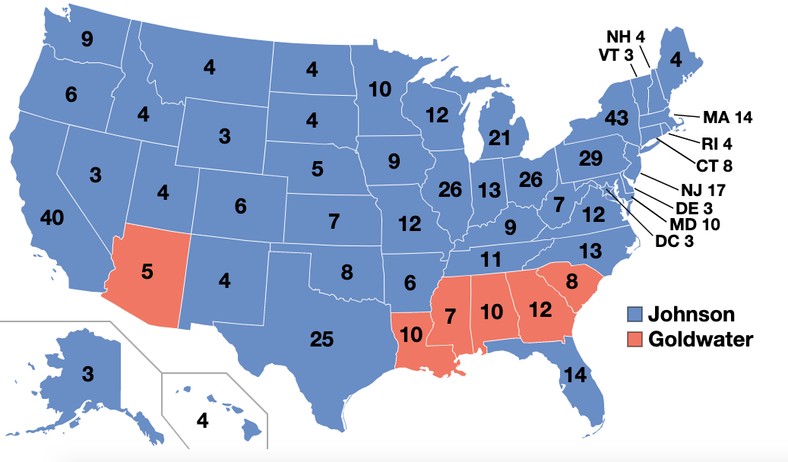 Mapa przedstawiająca głosy elektorskie w wyborach prezydenckich w USA w 1964 roku