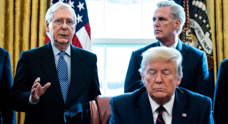 Senate Majority Leader Mitch McConnell, House Minority Leader Kevin McCarthy, and President Donald Trump in March.