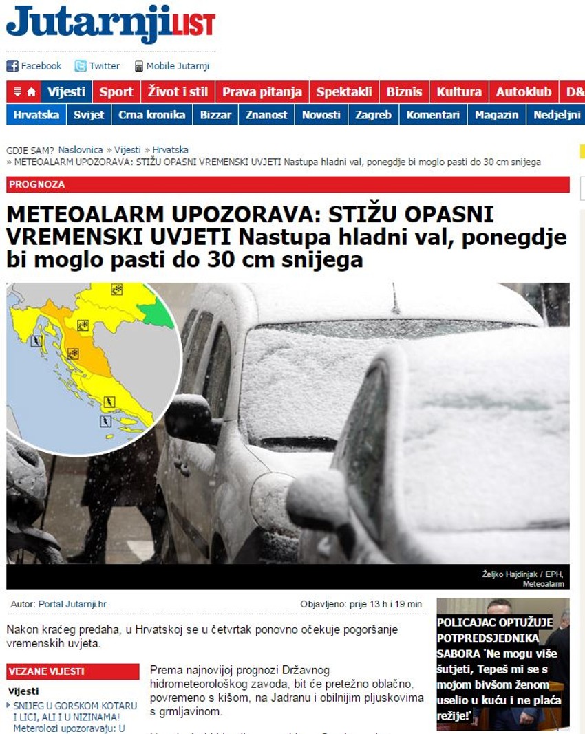 Hrvatski "Jutarnji list" najavljuje 30 cm snega