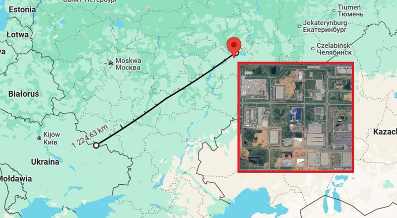 Zakłady w Jełabudze znajdują się ponad 1200 km od granic Ukrainy