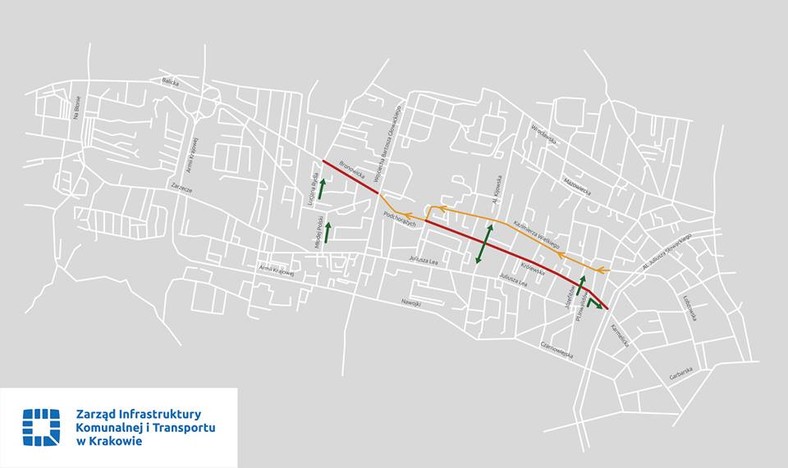 Mapa objazdów. Czerwonym kolorem ulice, które będą zamknięte