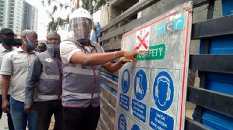 General Manager Lagos State Materials Testing Laboratory, Dr Afolabi Abiodun, during enforcement on non compliance to quality assurance in Lekki area of Lagos  on Thursday. [NAN]