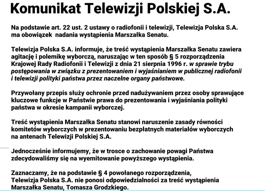 Oświadczenie TVP wyemitowane przed orędziem marszałka Senatu