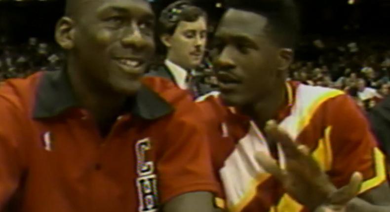 Michael Jordan and Dominique Wilkins before the 1988 Slam Dunk Contest.NBA