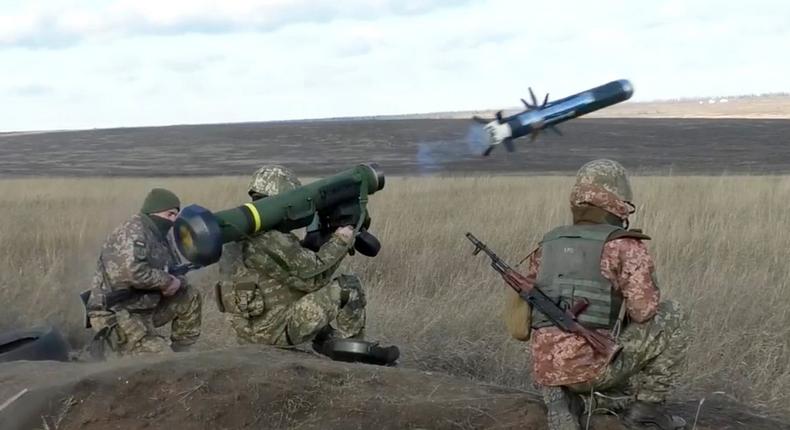 In this image taken from footage provided by the Ukrainian Defense Ministry Press Service, a Ukrainian soldiers use a launcher with US Javelin missiles during military exercises in Donetsk region, Ukraine, Wednesday, Jan. 12, 2022.