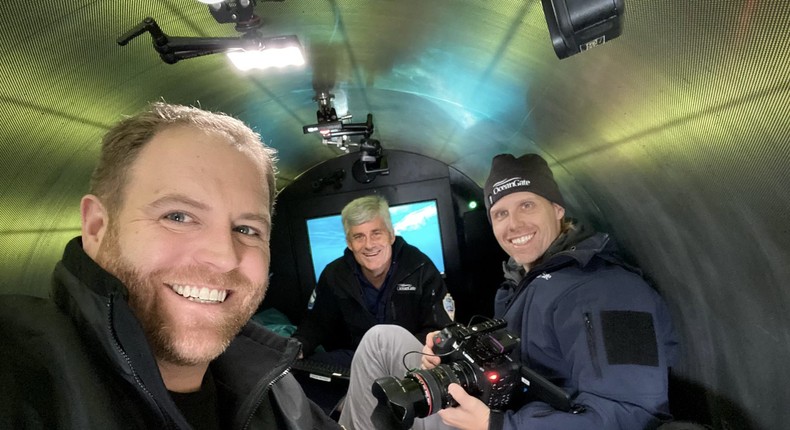 Josh Gates, Stockton Rush and Brian Weed aboard the Titan sub in May 2021.Courtesy of Brian Weed