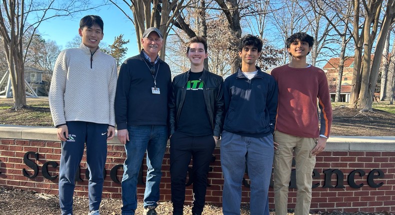 Four teen members of FloodGate Team. From the left: George Cheng, Larry Myers (team supervisor), Reichen Schaller, Shubhan Bhattacharya, and Sumedh Kotrannavar. Photo: The Earth Prize.FloodFate Team