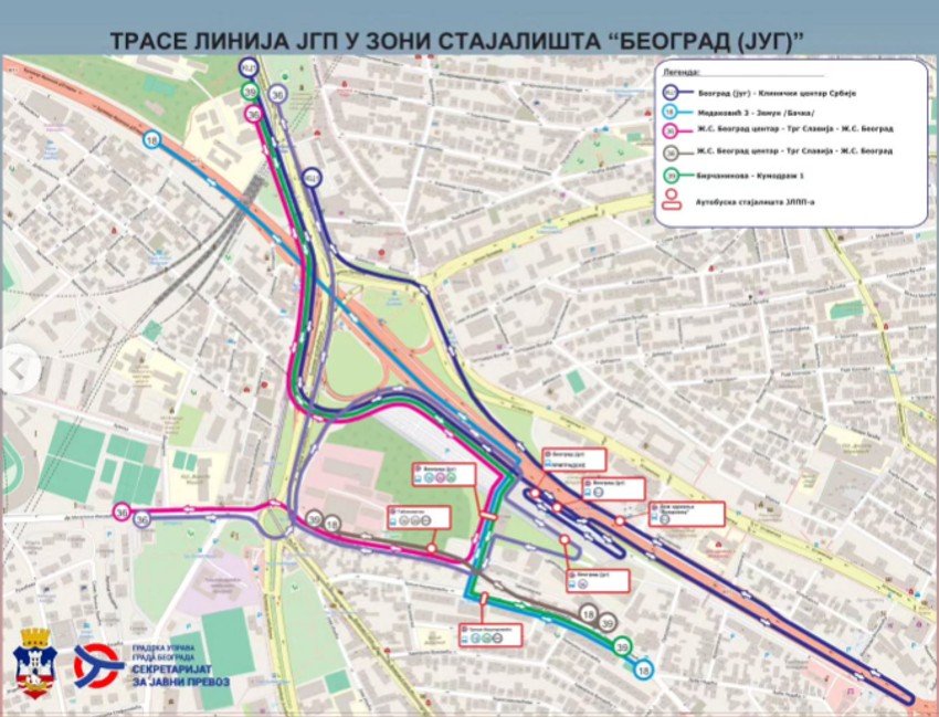 Mapa linija JGP na stajalištu Beograd Jug