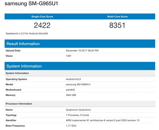 Samsung Galaxy S9 w Geekbench