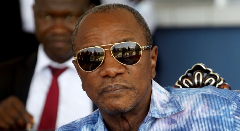 Guinea's outgoing president and presidential candidate Alpha Conde, leader of Rassemblement du Peuple de Guinea (RPG), attends the inauguration ceremony of the passenger harbor of Sandervalia in Conakry October 8, 2015. REUTERS/Luc Gnago