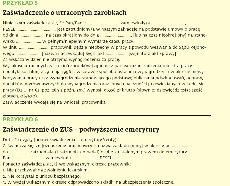 Zaświadczenie dla banku: Przykłady 5,6