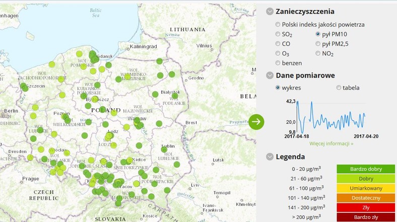 Stężenie pyłu PM10 - 2017-04-20 od godziny 08:00 do 09:00