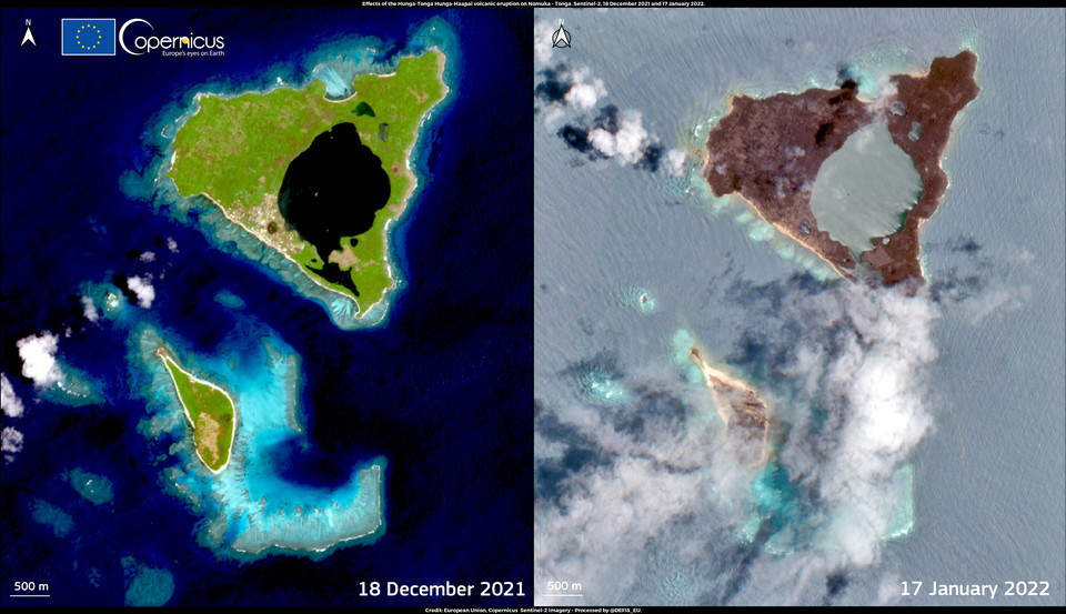 Po lewej zdjęcie wyspy sprzed wybuchu, po prawej po wybuchu wulkanu