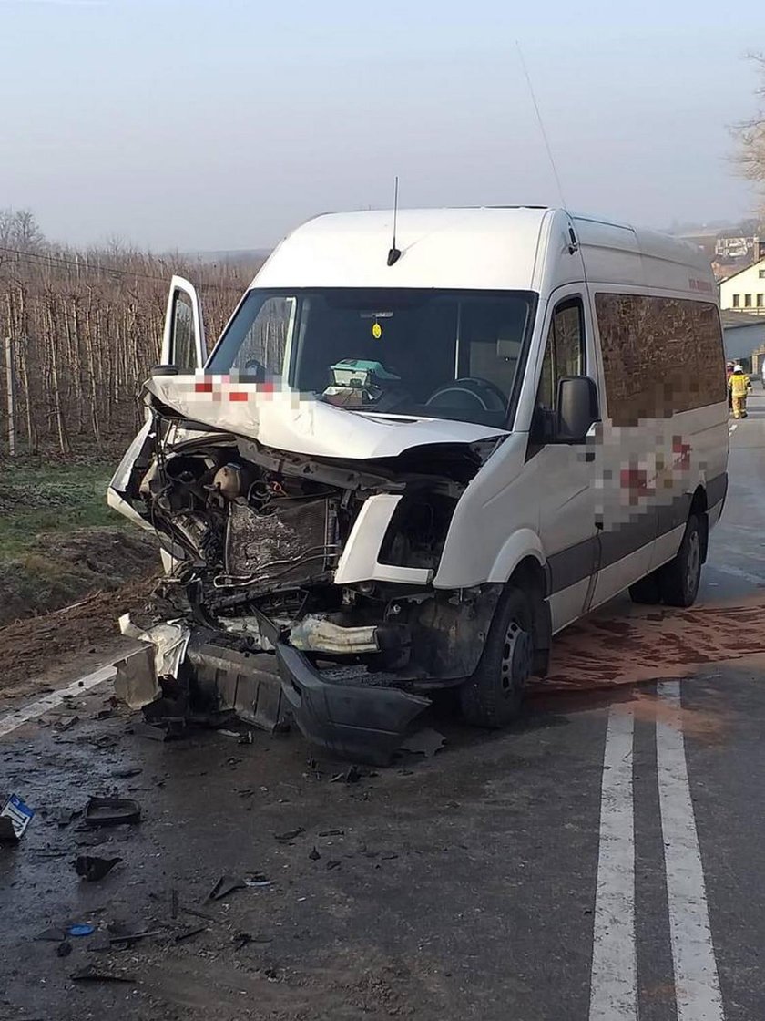 Dębiany. Zderzenie mercedesa dostawczego z kursowym busem