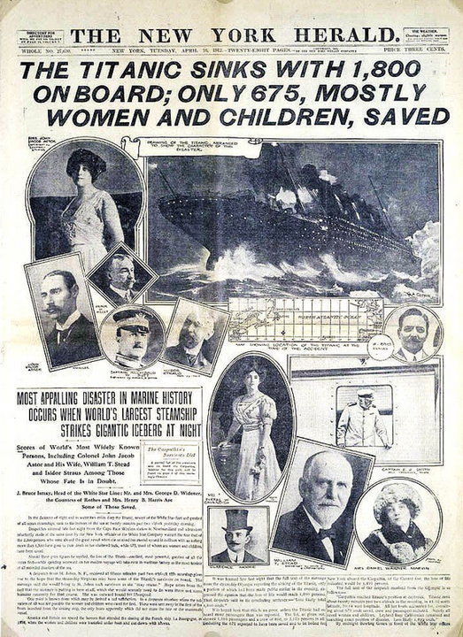 "The New York Herald" informuje o katastrofie, wydanie z 16 kwietnia 1912 r. (domena publiczna).