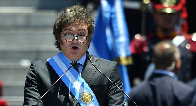 President of Argentina Javier Milei giving a speech after his inauguration ceremony at the National Congress on December 10, 2023, in Buenos Aires, Argentina.Getty Images