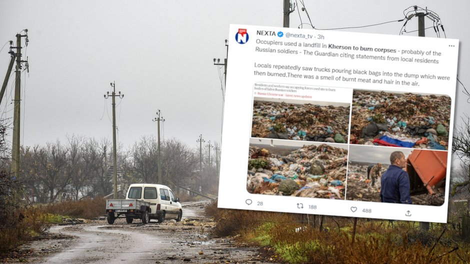 Wysypisko śmieci w Chersoniu. W tle fotografia przedstawiająca ulicę w pobliżu Chersonia 