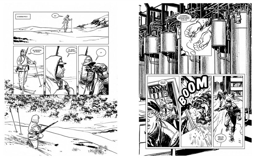 "Bomba" komiks autorów Alcante, Bollee i Rodiera opowiada o historii powstania bomby atomowej. Na tej ilustracji przedstawiono zamach na fabrykę ciężkiej wody.