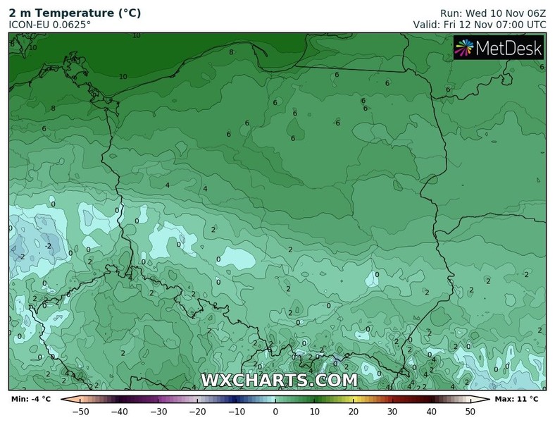 Noc bardzo ciepła nad morzem i z przymrozkami na południu