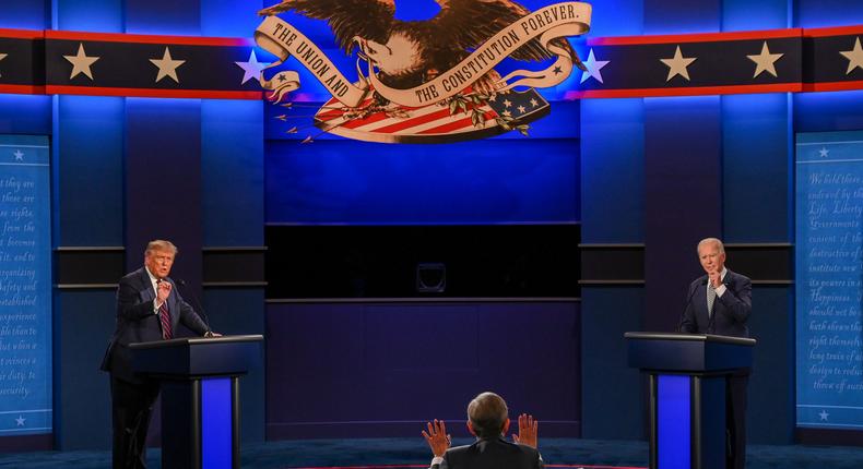 Donald Trump and Joe Biden participate in the first presidential debate at Case Western Reserve University on September 29, 2020. Chris Wallace moderates.Jim Watson/AFP via Getty Images