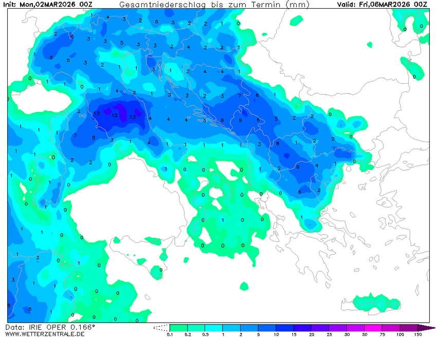 Mapa kišnih padavina u petak 6. marta