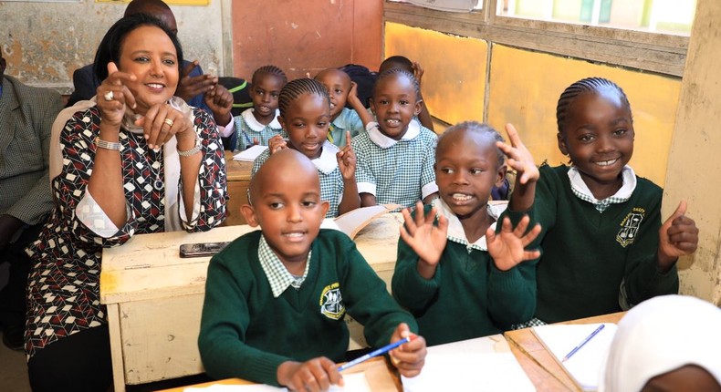 Education CS Amina Mohamed participating during a lesson at Harambee Primary School