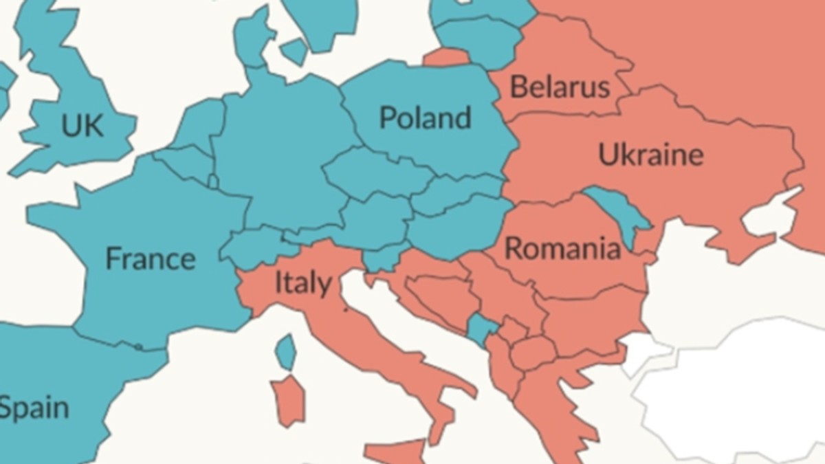 Mapa koja pokazuje ras ili pad populacije u Evropi