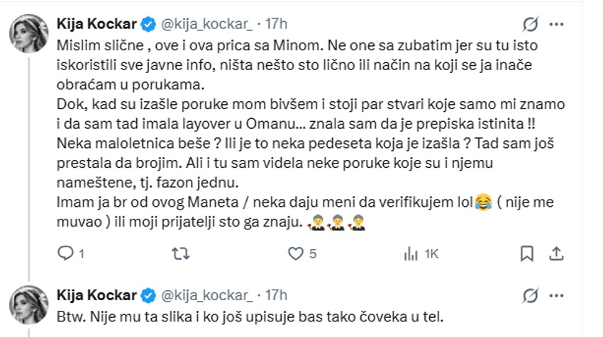 Kija Kockar brani Kaspera, tvrdi da su nameštene poruke za Natašu Bekvalac