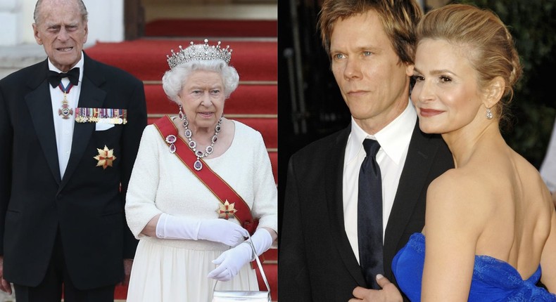 Queen Elizabeth II and Prince Philip; Kevin Bacon and Kyra Sedgwick.Sean Gallup/Getty Images. Evan Agostini/AP.