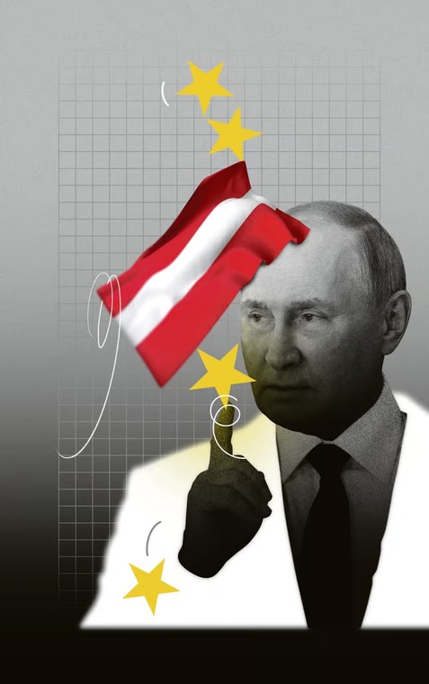 Ilustracja przedstawiająca Władimira Putina z flagą Austrii