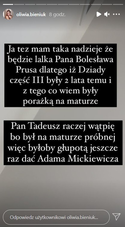 Oliwia Bieniuk o lekturach na maturę z języka polskiego